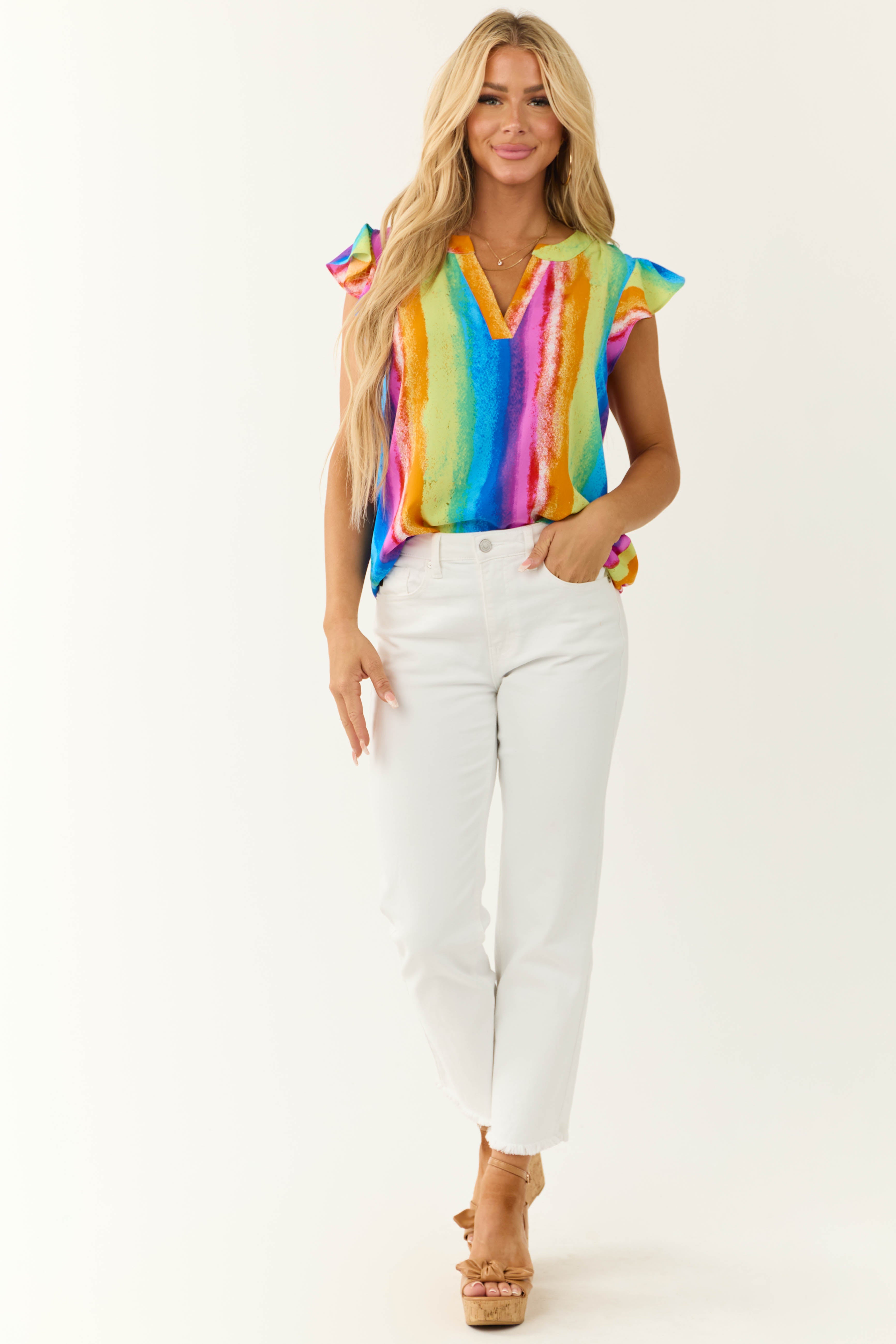 Rainbow Striped Notch Neck Ruffle Sleeve Top