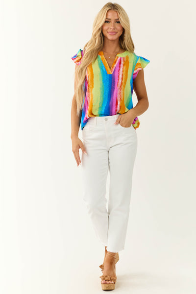 Rainbow Striped Notch Neck Ruffle Sleeve Top