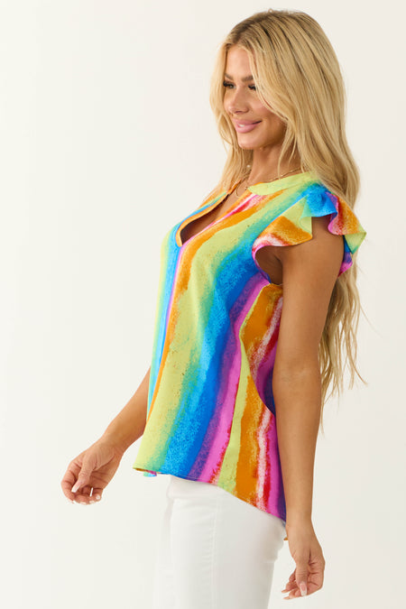 Rainbow Striped Notch Neck Ruffle Sleeve Top