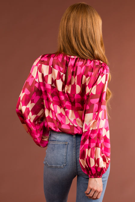 Raspberry Abstract Print Woven Long Sleeve Top