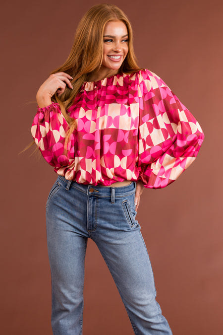 Raspberry Abstract Print Woven Long Sleeve Top