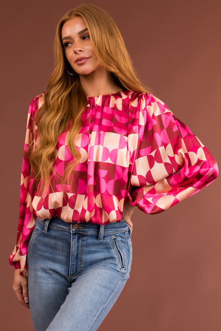 Raspberry Abstract Print Woven Long Sleeve Top