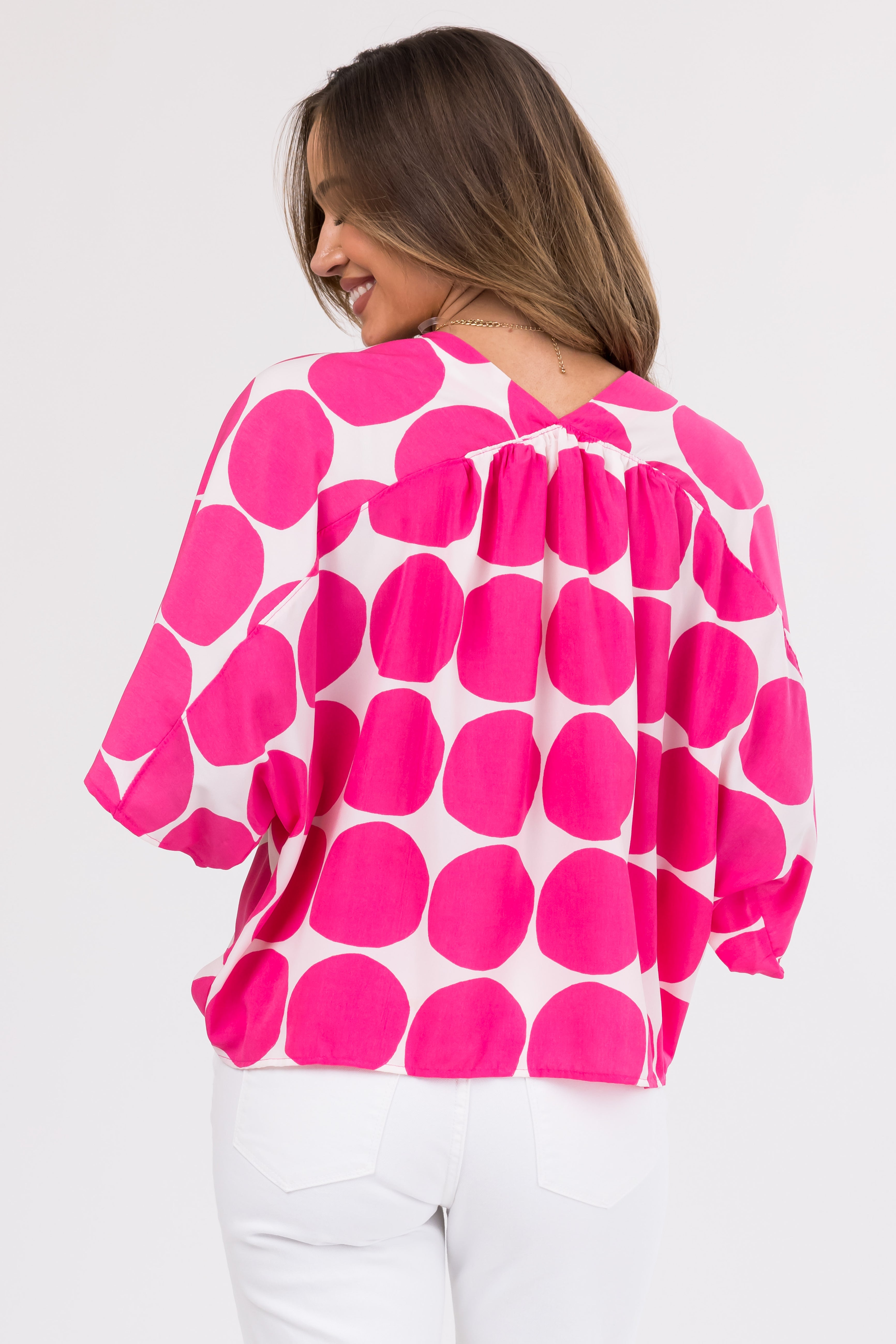 Raspberry Dot Print V Neck Oversized Blouse