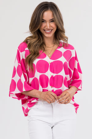 Raspberry Dot Print V Neck Oversized Blouse