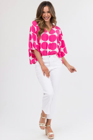 Raspberry Dot Print V Neck Oversized Blouse