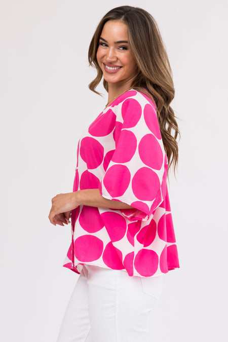 Raspberry Dot Print V Neck Oversized Blouse