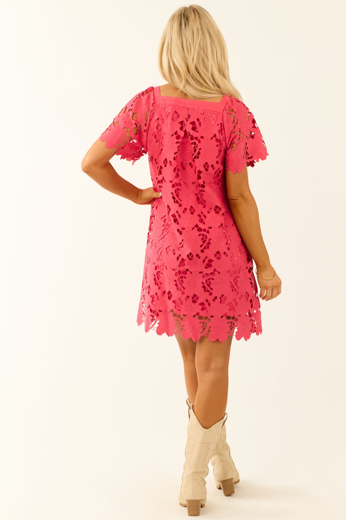 Raspberry Floral Lace Short Sleeve Mini Dress