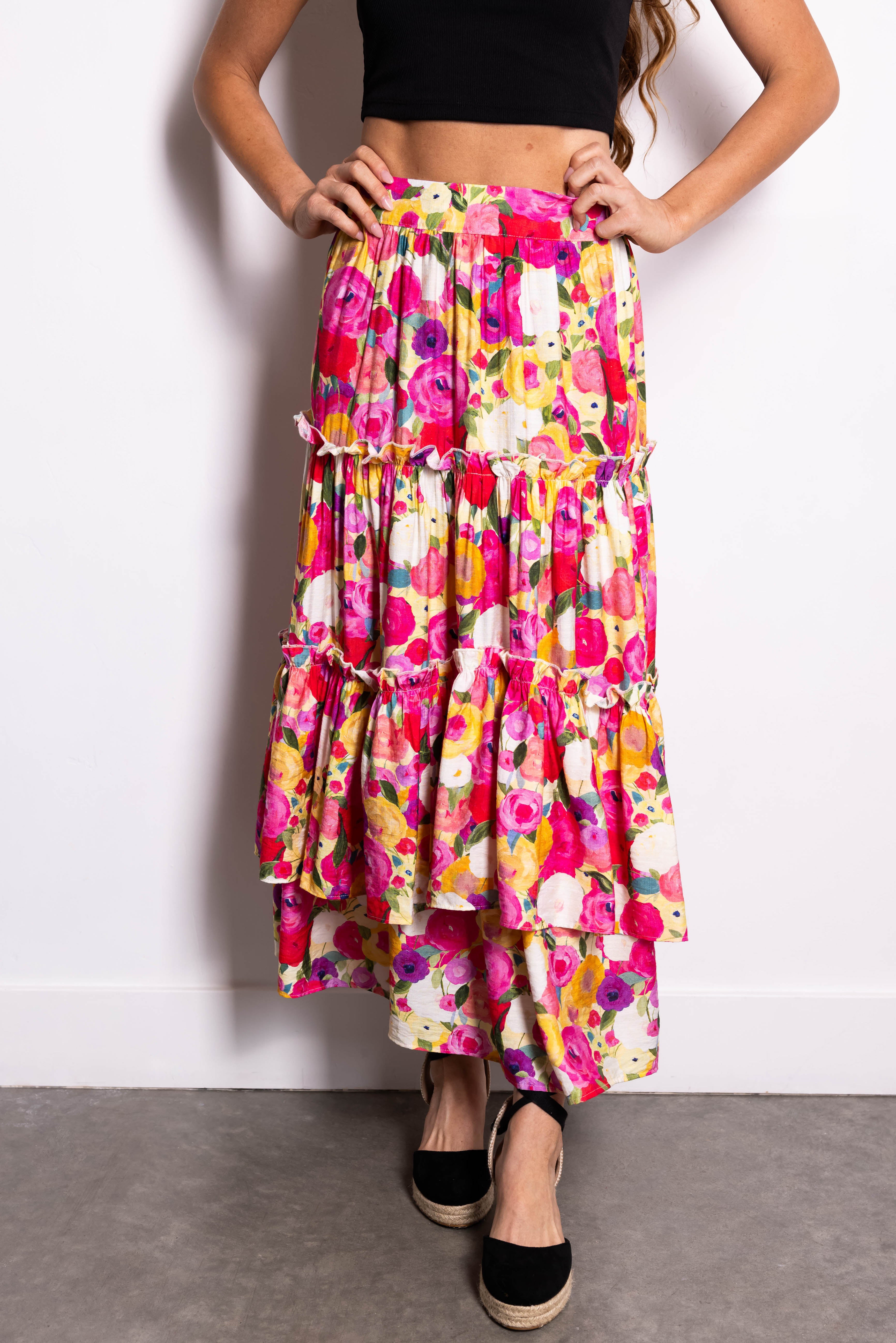 Raspberry Floral Print Tiered Maxi Skirt