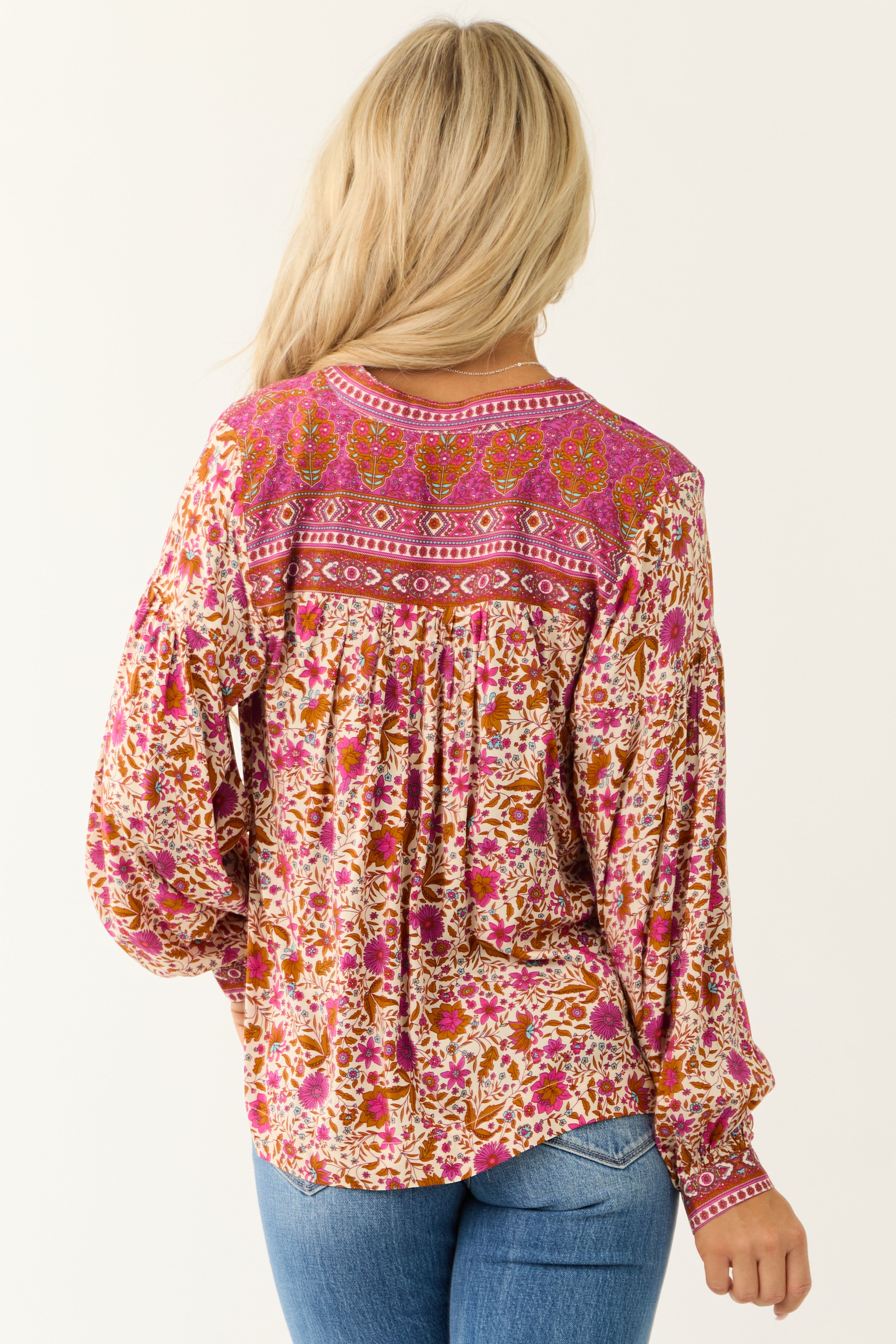 Raspberry Floral Print V Neck Long Sleeve Top