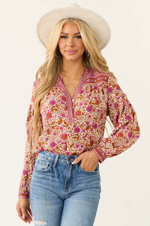 Raspberry Floral Print V Neck Long Sleeve Top