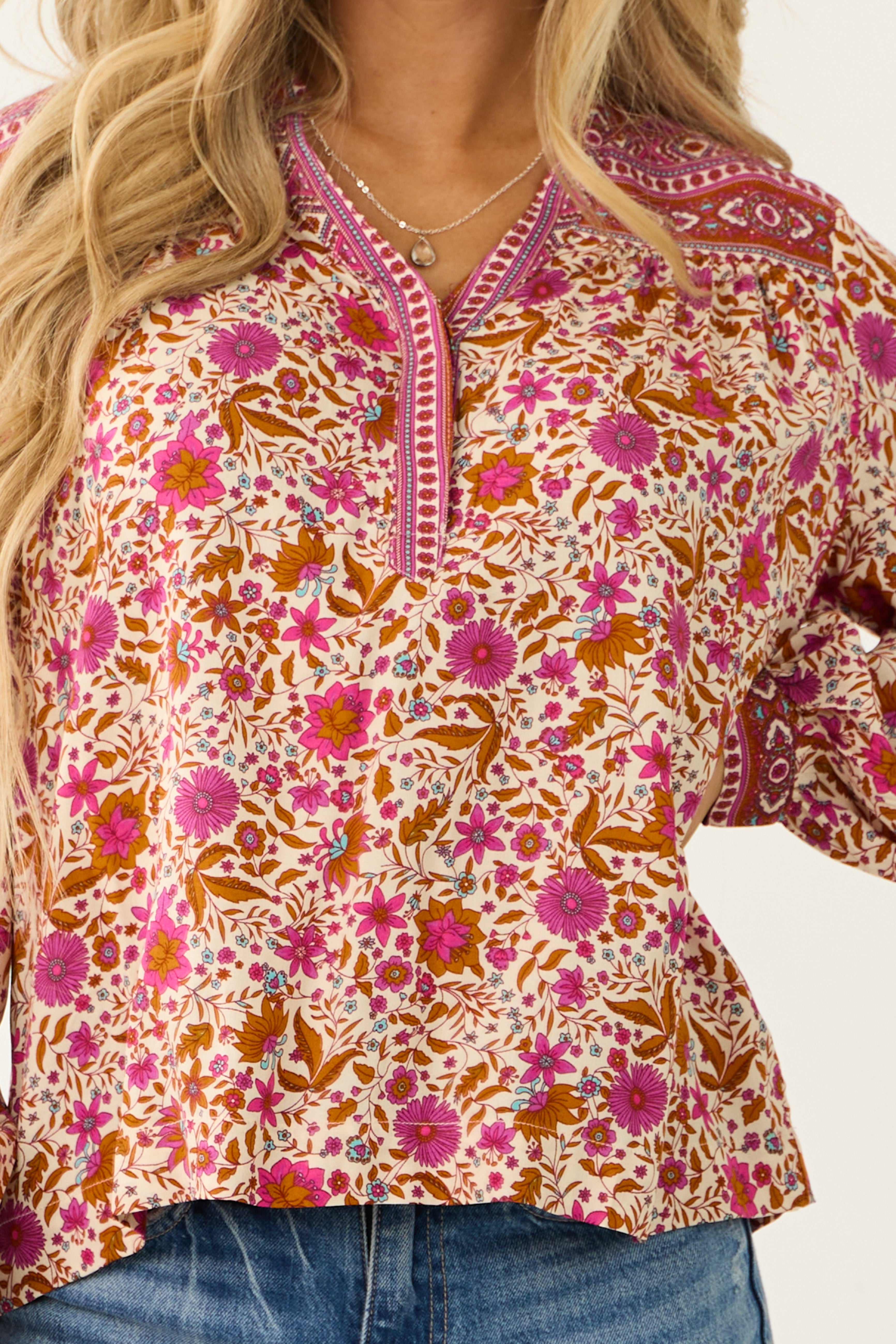 Raspberry Floral Print V Neck Long Sleeve Top