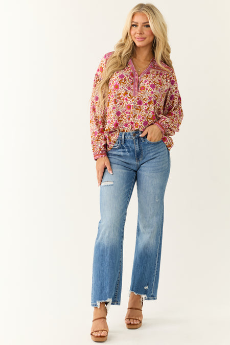 Raspberry Floral Print V Neck Long Sleeve Top