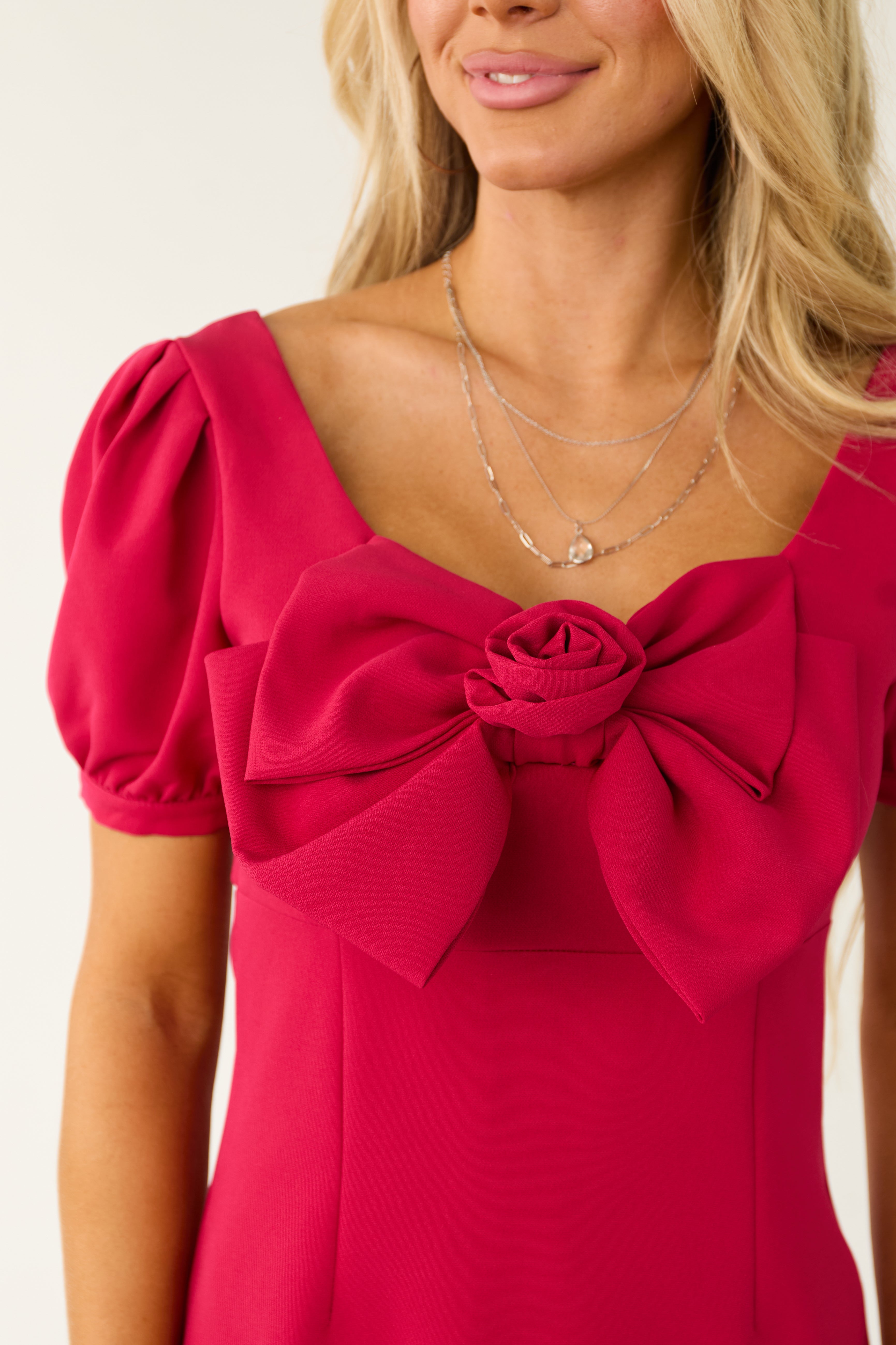 Raspberry Front Bow Detail Puff Sleeve Mini Dress