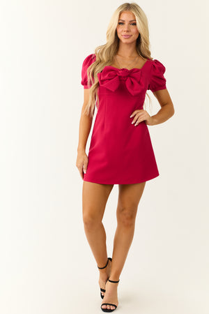 Raspberry Front Bow Detail Puff Sleeve Mini Dress