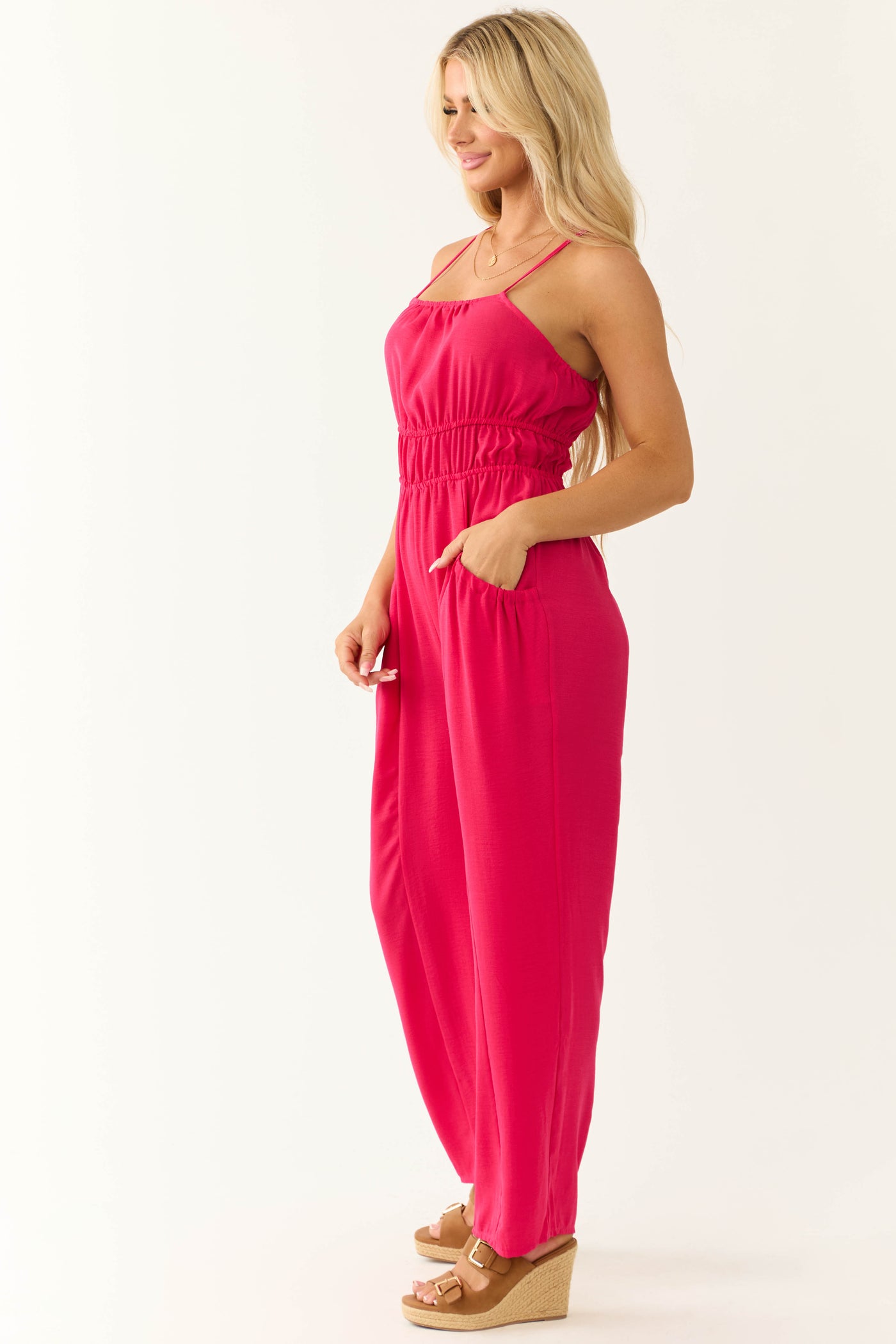 Raspberry Front Pintuck Sleeveless Jumpsuit