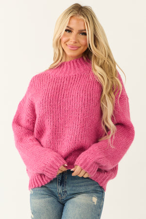 Raspberry High Neck Chunky Knit Oversized Sweater