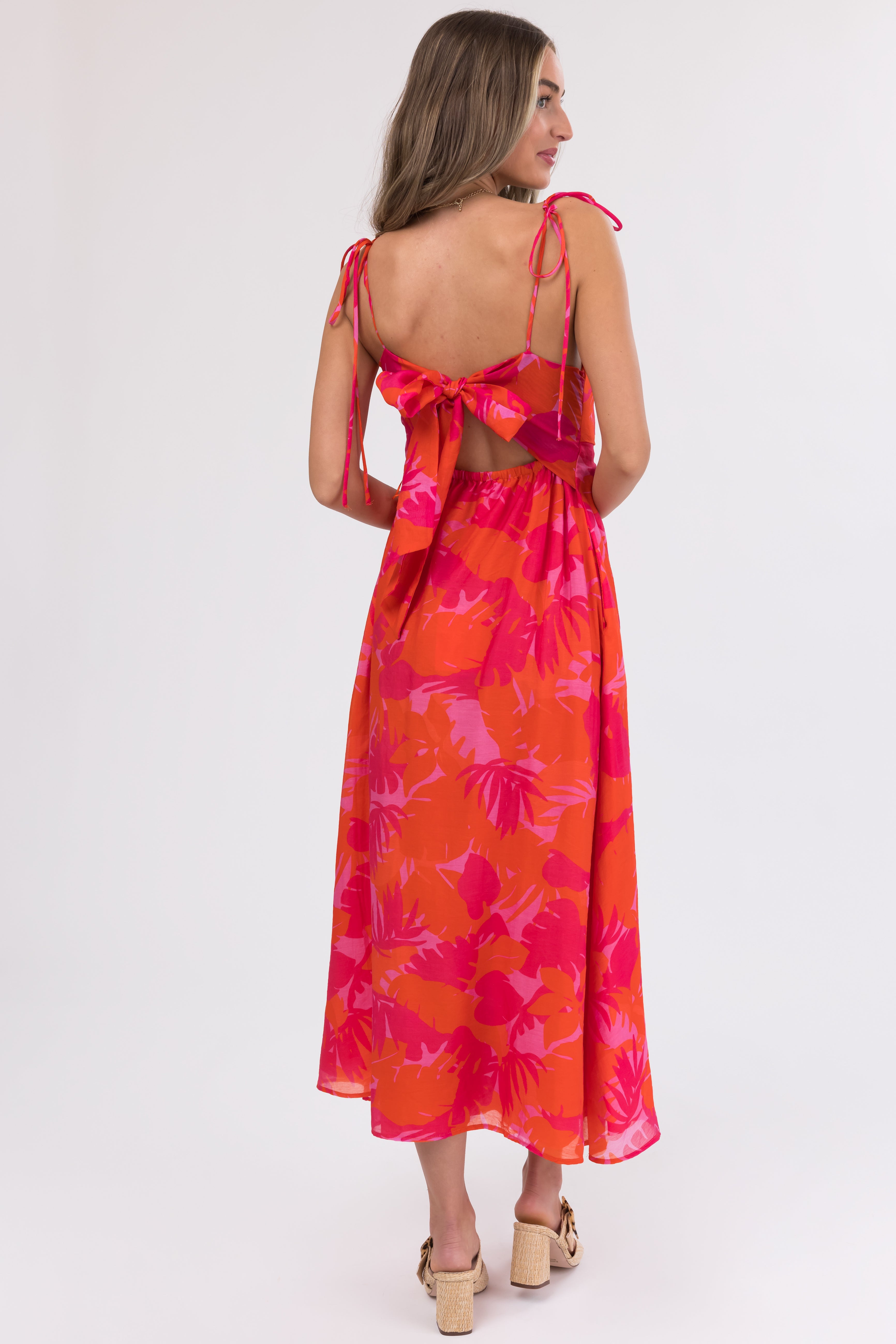 Raspberry Leaf Print Sleeveless Maxi Dress