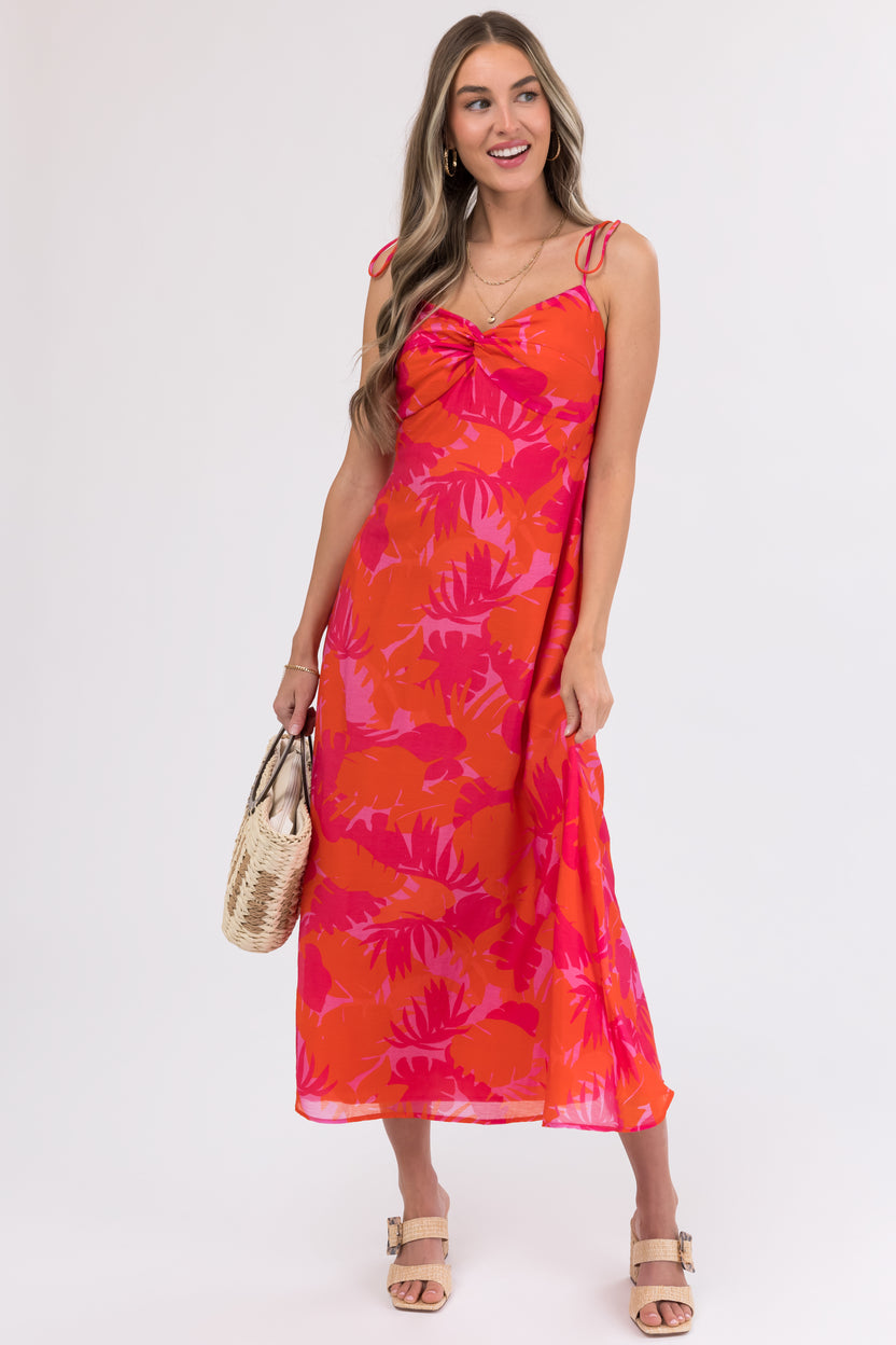 Raspberry Leaf Print Sleeveless Maxi Dress