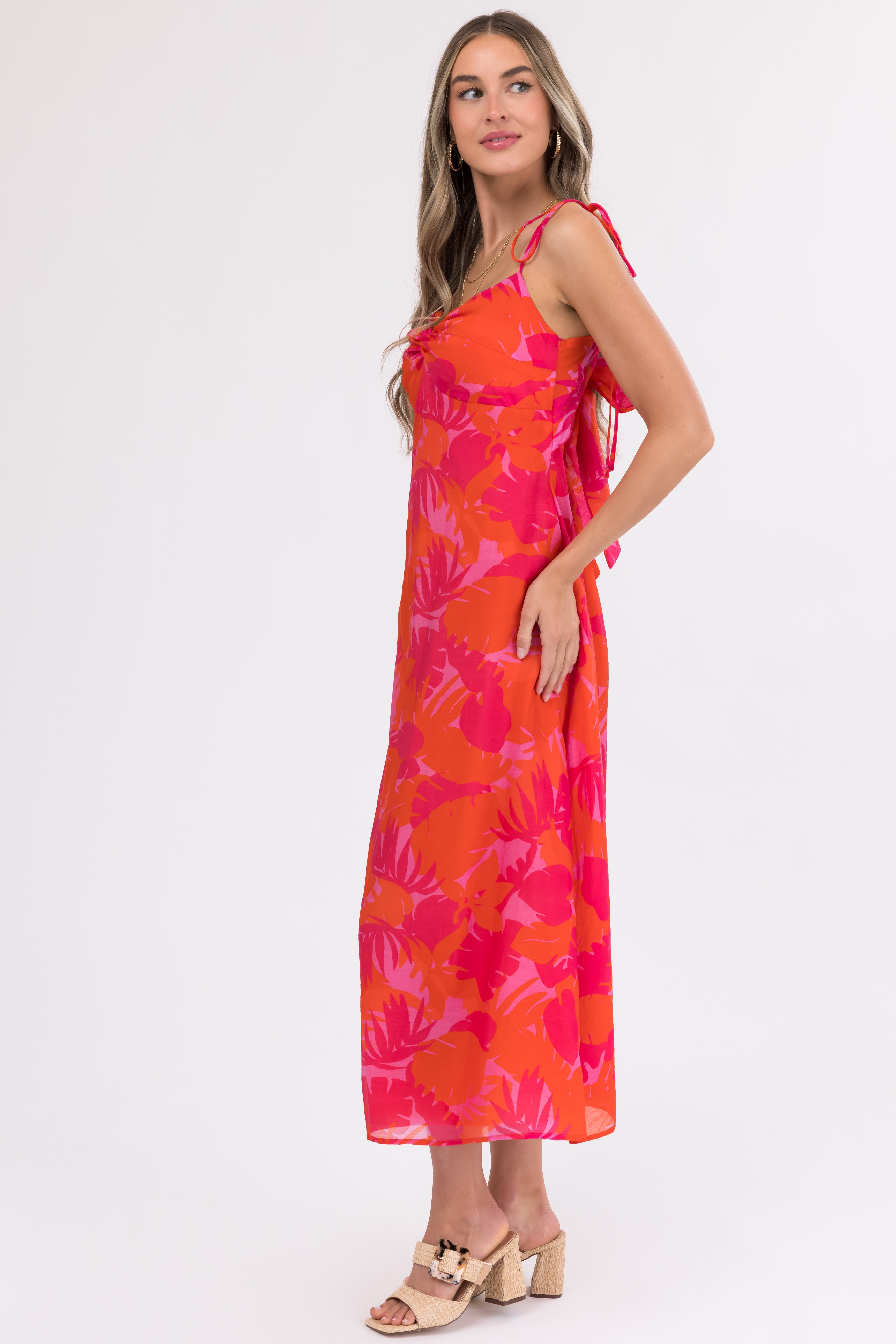 Raspberry Leaf Print Sleeveless Maxi Dress