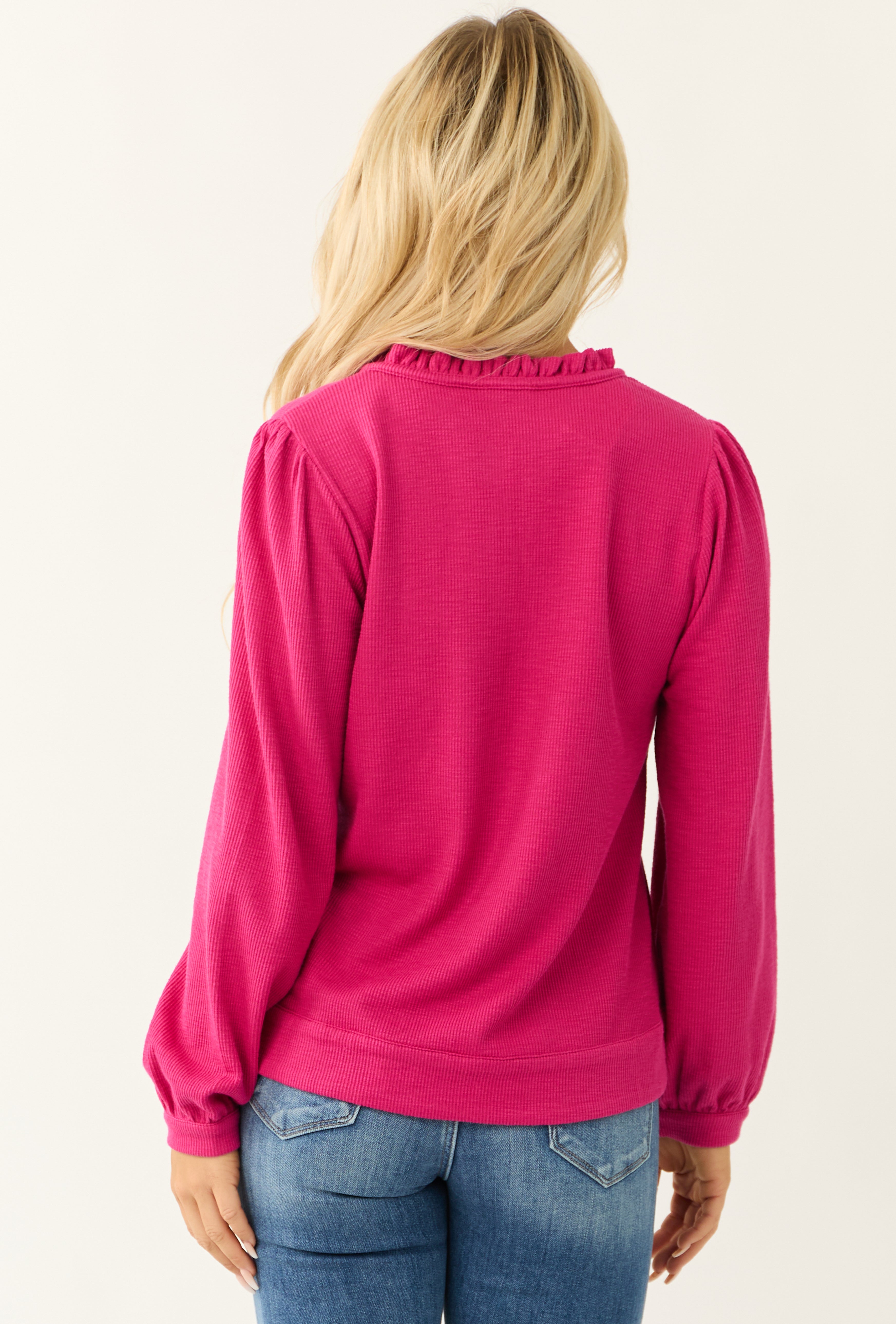 Raspberry Long Sleeve Frilled Henley Neck Top