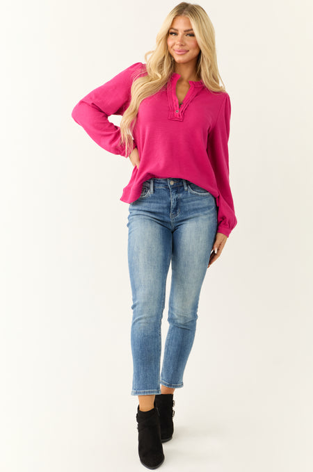 Raspberry Long Sleeve Frilled Henley Neck Top