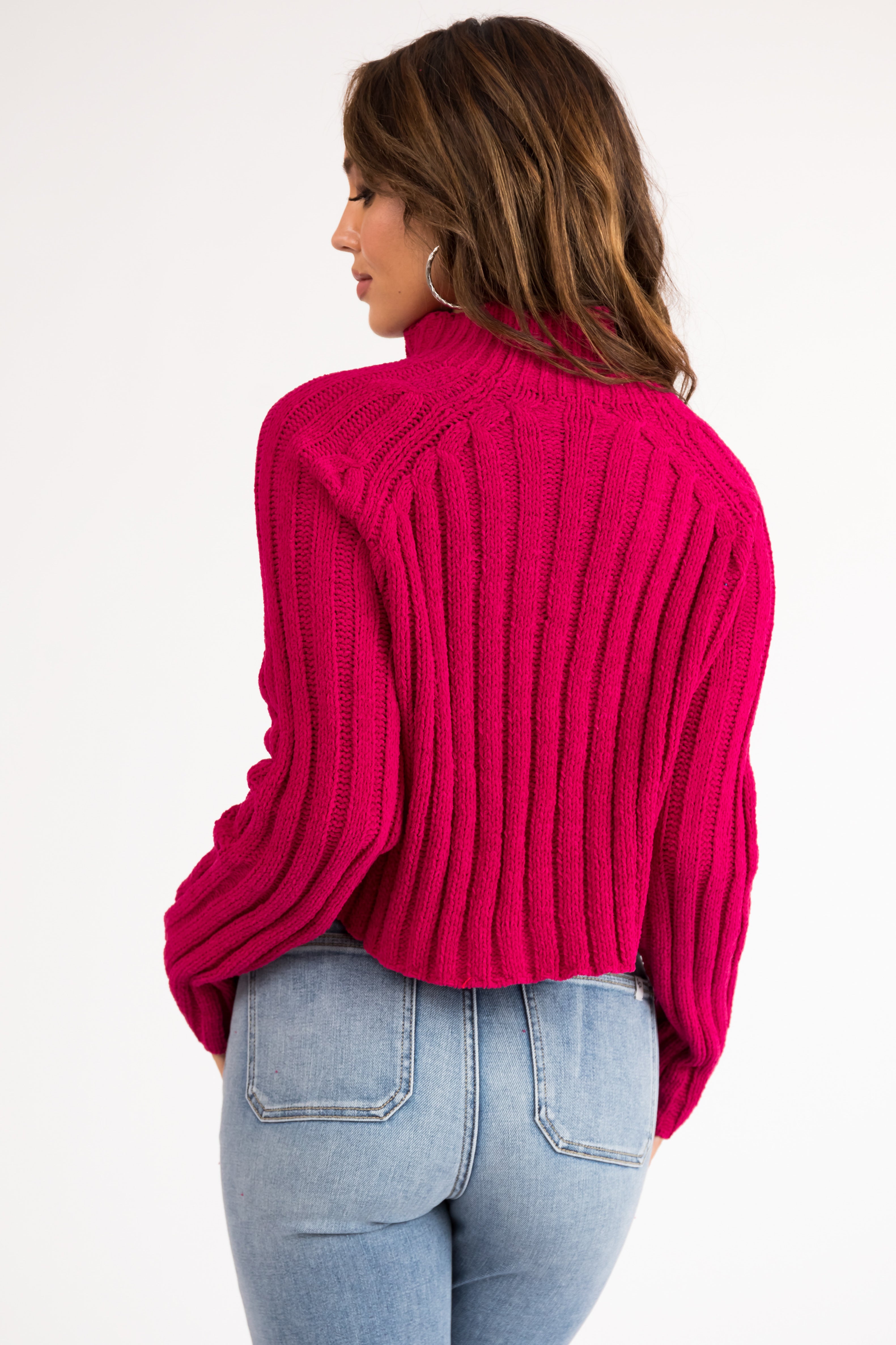 Raspberry Mock Neck Cropped Chenille Sweater