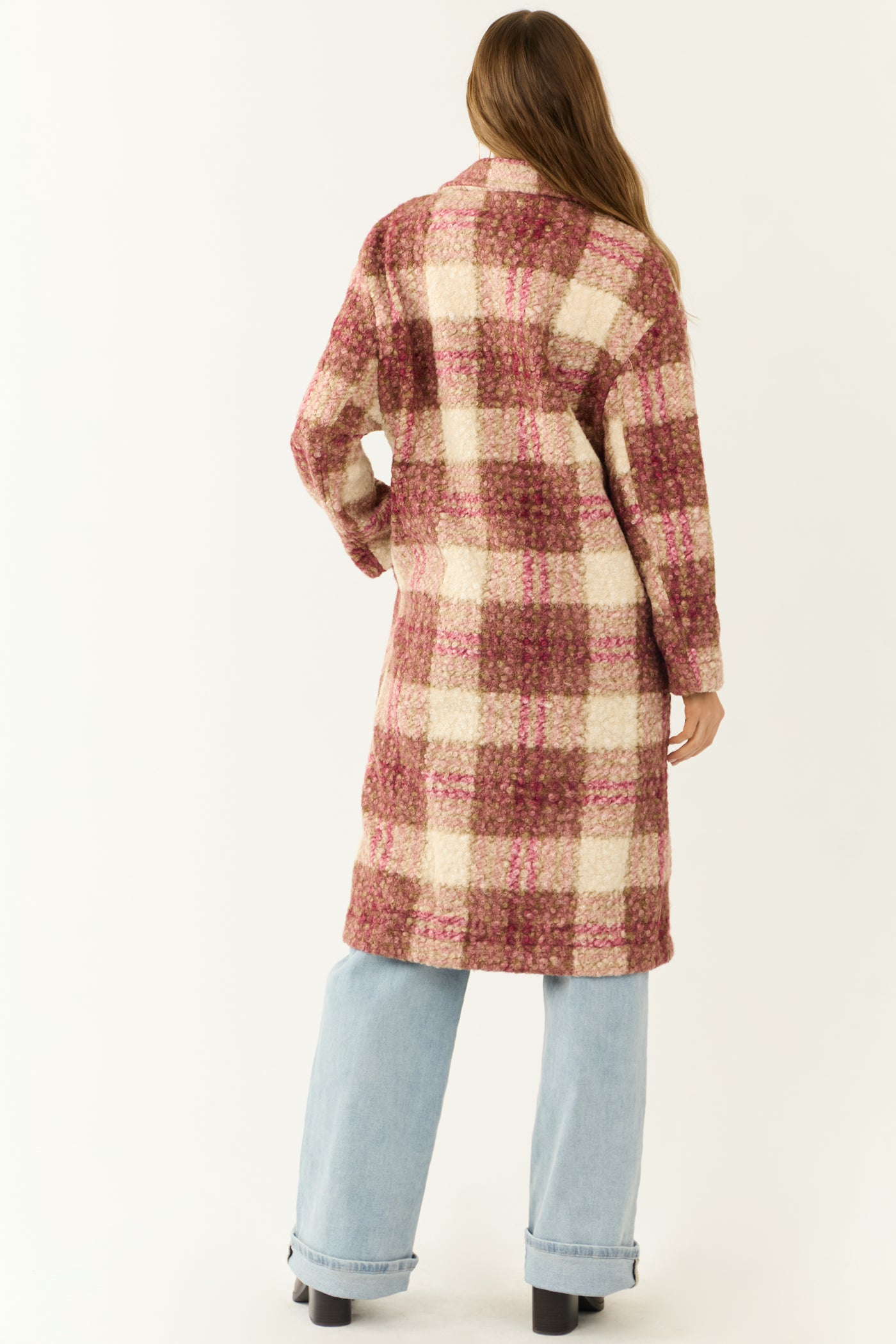 Raspberry Plaid Button Down Textured Trench Coat