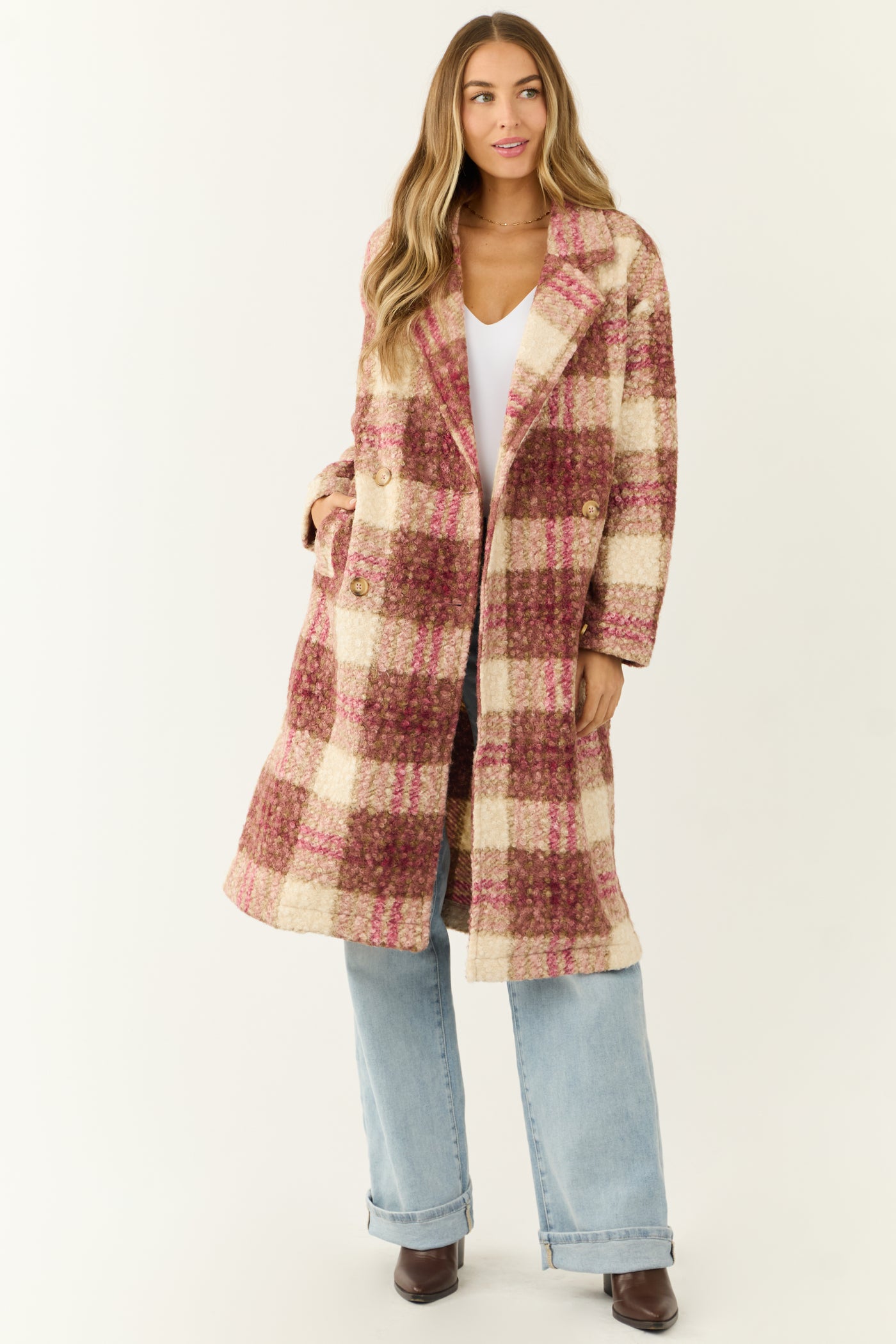 Raspberry Plaid Button Down Textured Trench Coat