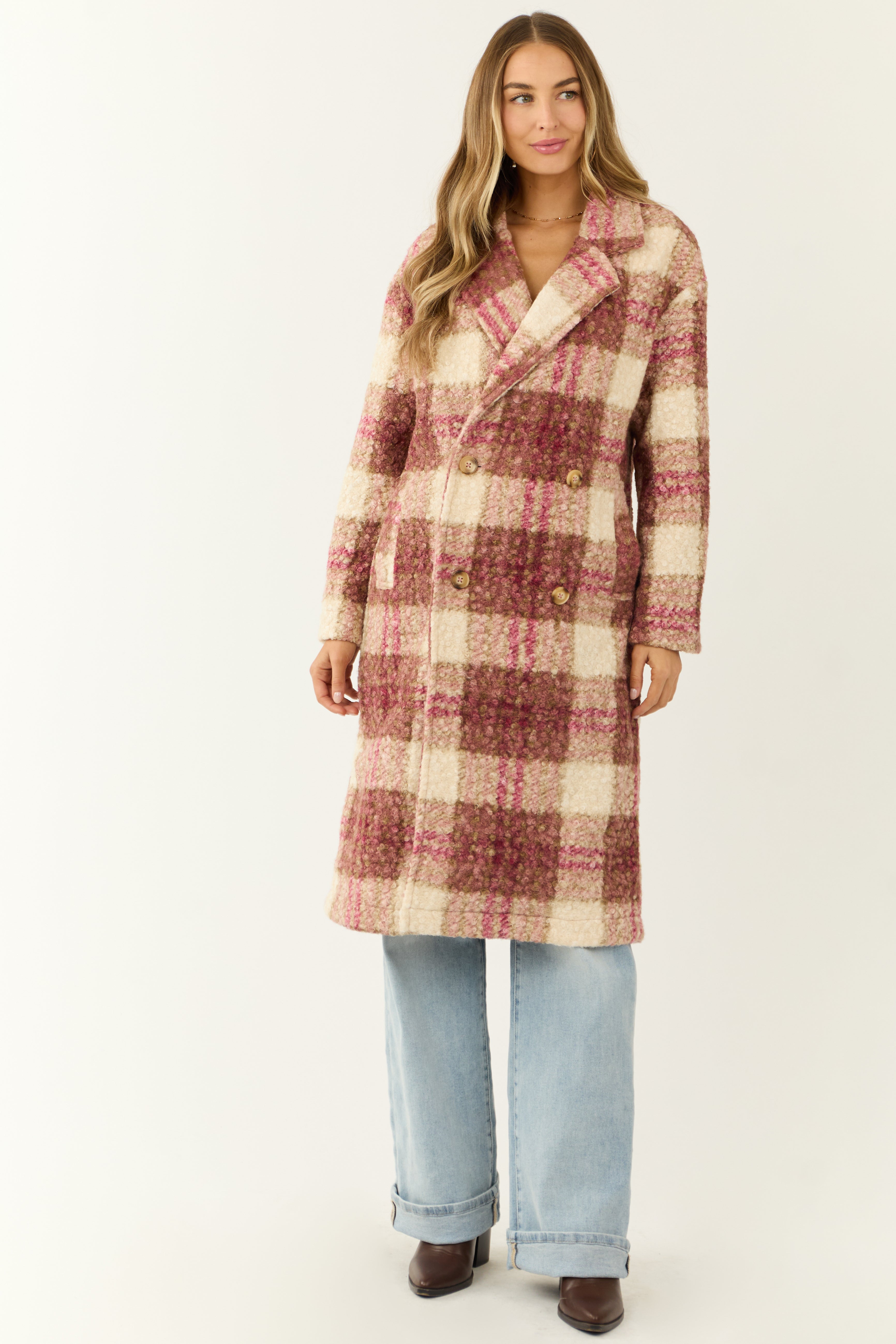 Raspberry Plaid Button Down Textured Trench Coat