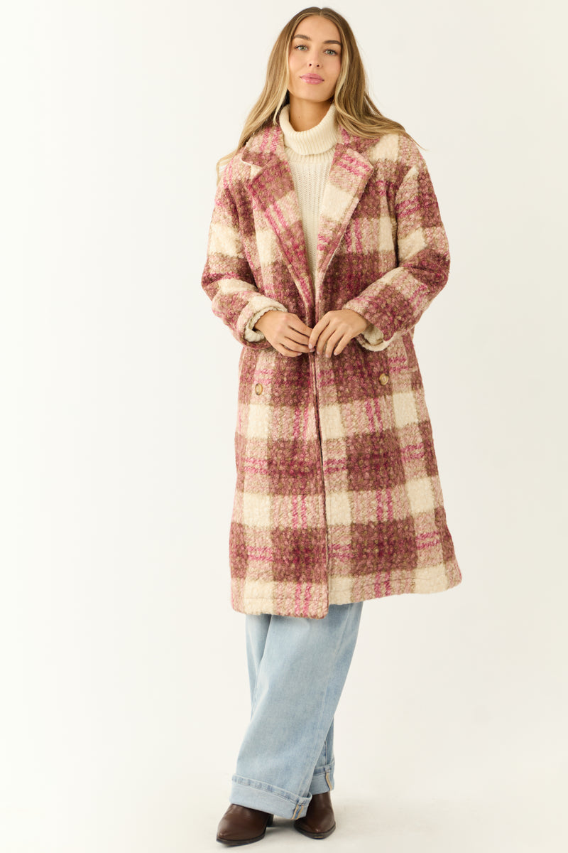 Raspberry Plaid Button Down Textured Trench Coat