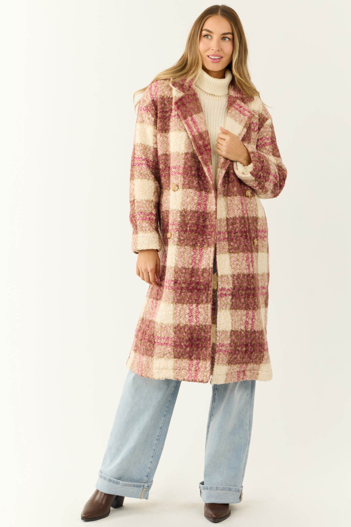 Raspberry Plaid Button Down Textured Trench Coat