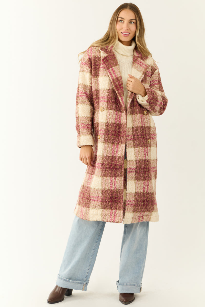 Raspberry Plaid Button Down Textured Trench Coat