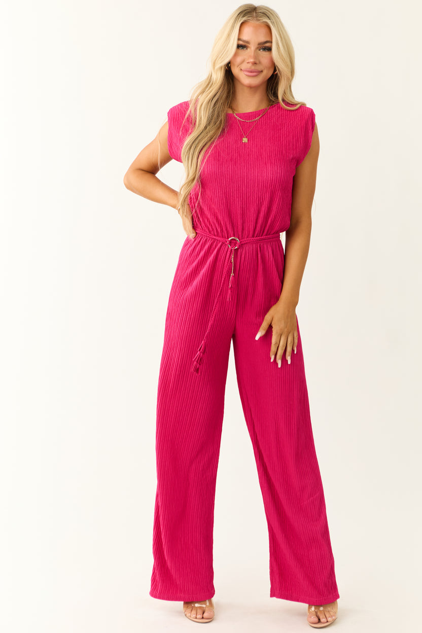 Raspberry Plisse Braided Belt Jumpsuit