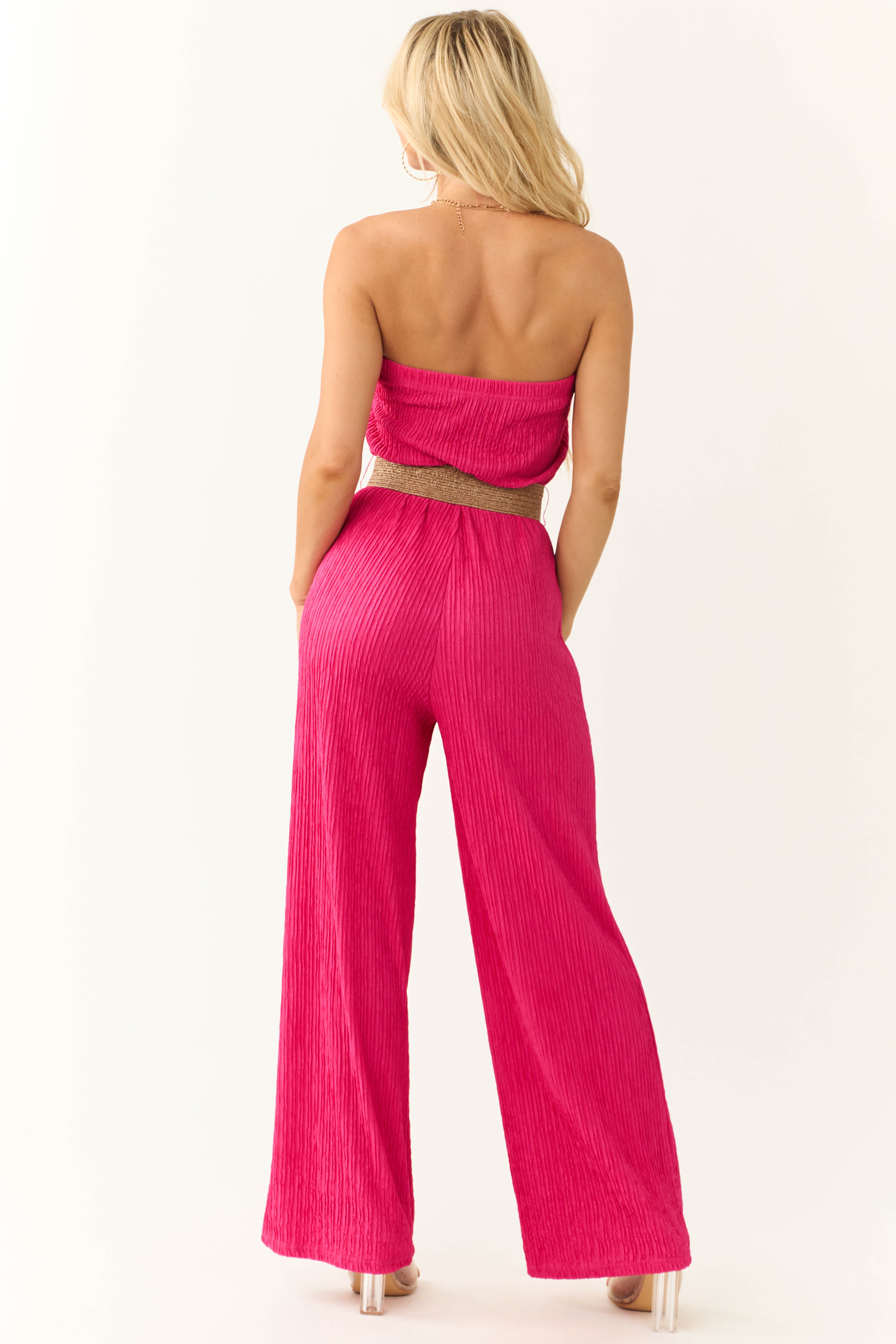 Raspberry Plisse Strapless Belted Jumpsuit