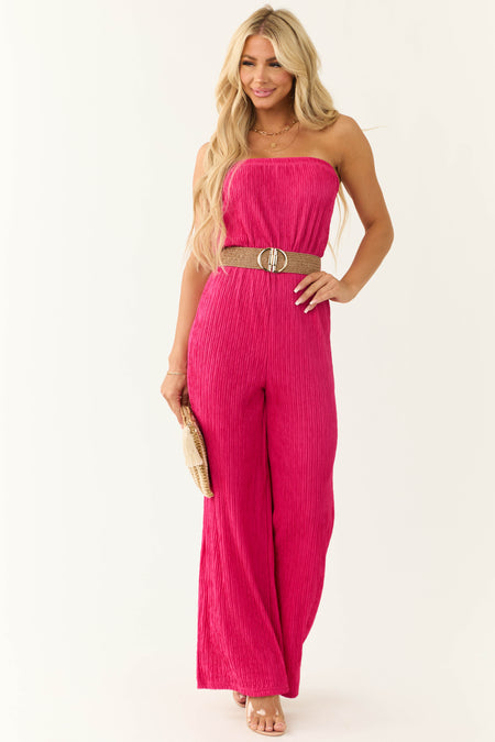 Raspberry Plisse Strapless Belted Jumpsuit