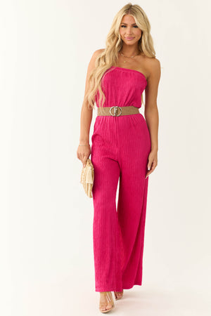 Raspberry Plisse Strapless Belted Jumpsuit