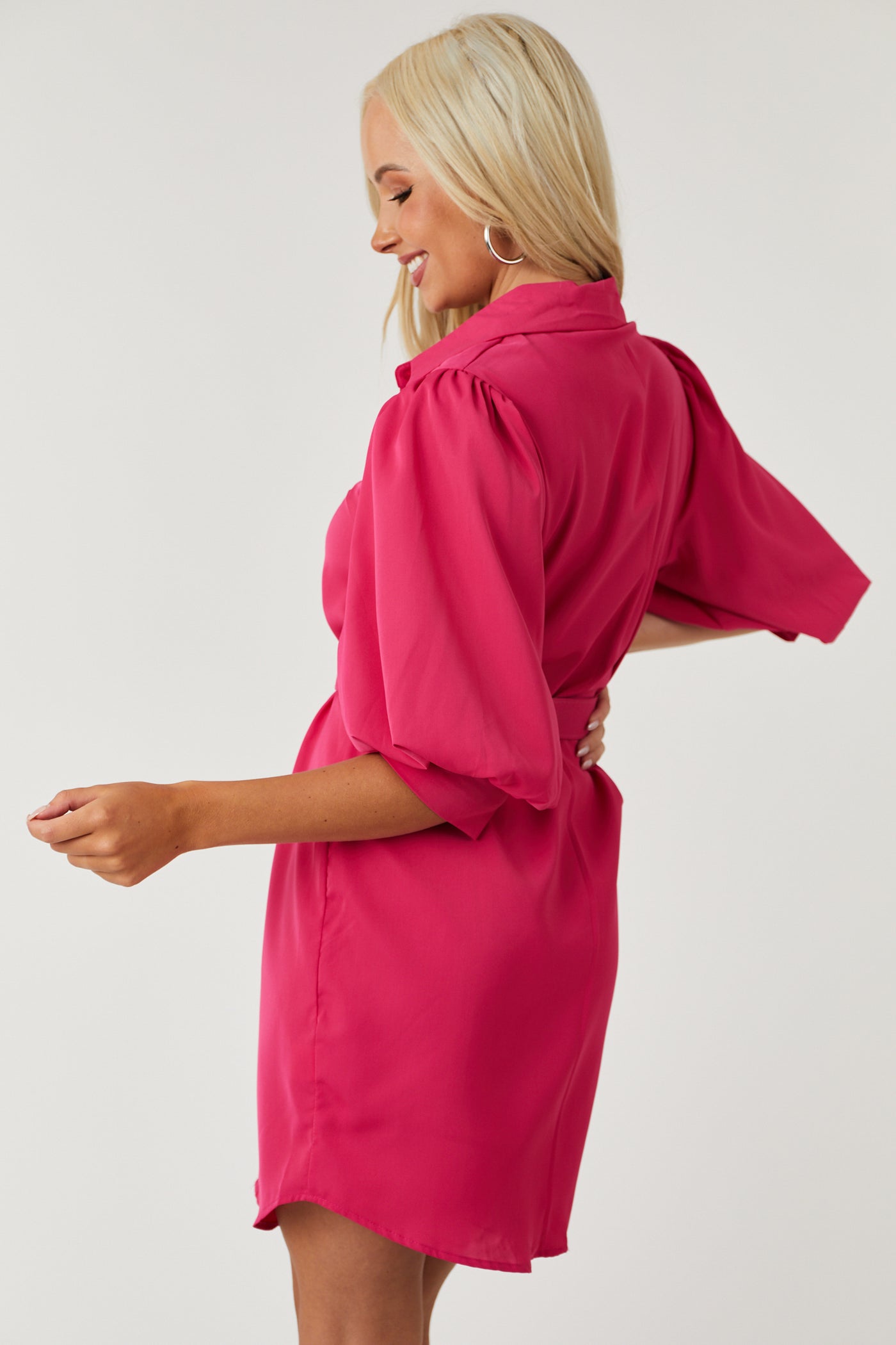 Raspberry Puff Sleeve Button Down Shirt Dress