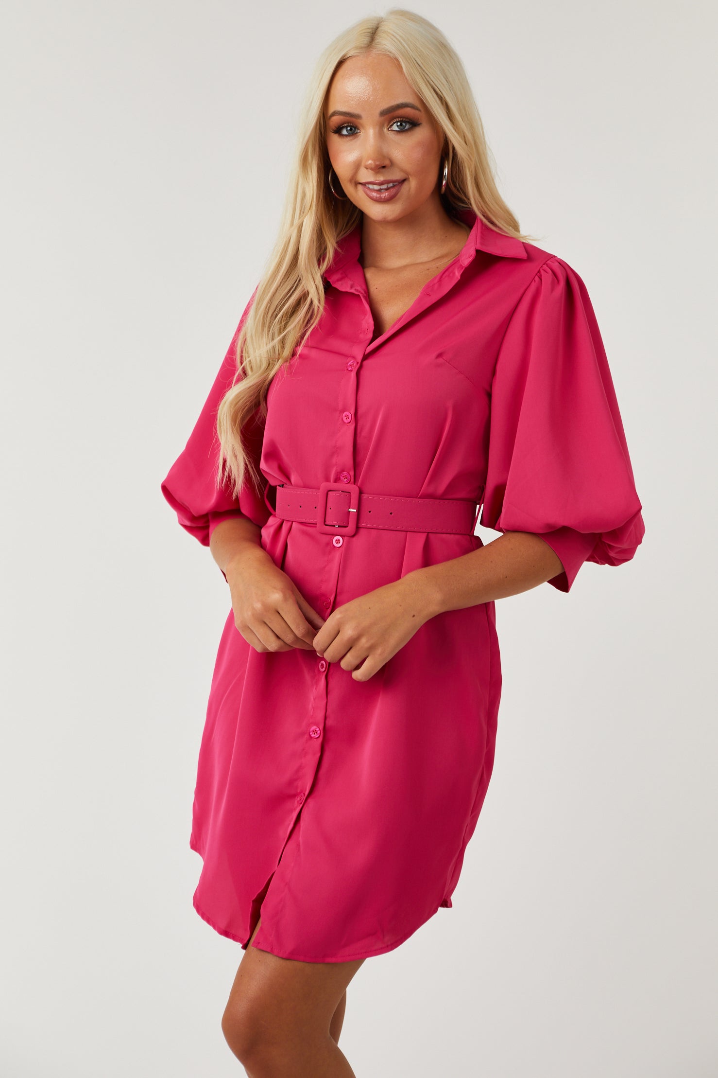 Raspberry Puff Sleeve Button Down Shirt Dress