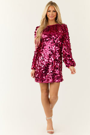 Raspberry Sequin Long Sleeve Boatneck Short Dress