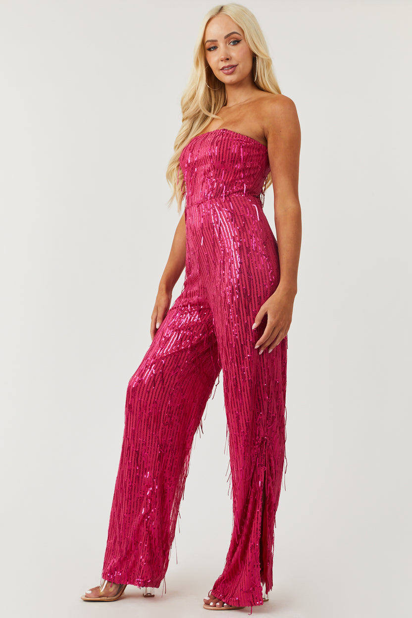 Raspberry Sequined Strapless Wide Leg Jumpsuit