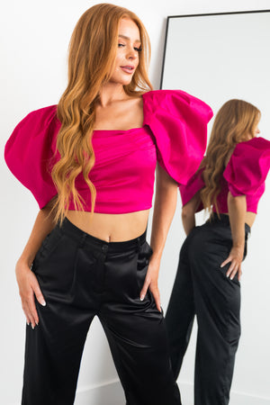 Raspberry Short Puff Sleeve Overlay Crop Top