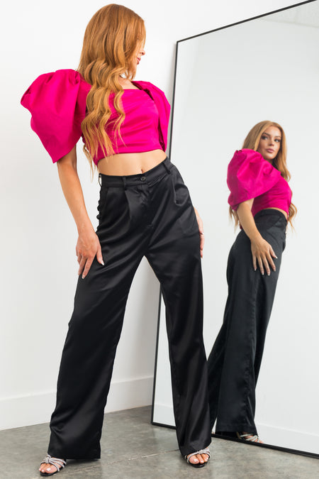 Raspberry Short Puff Sleeve Overlay Crop Top