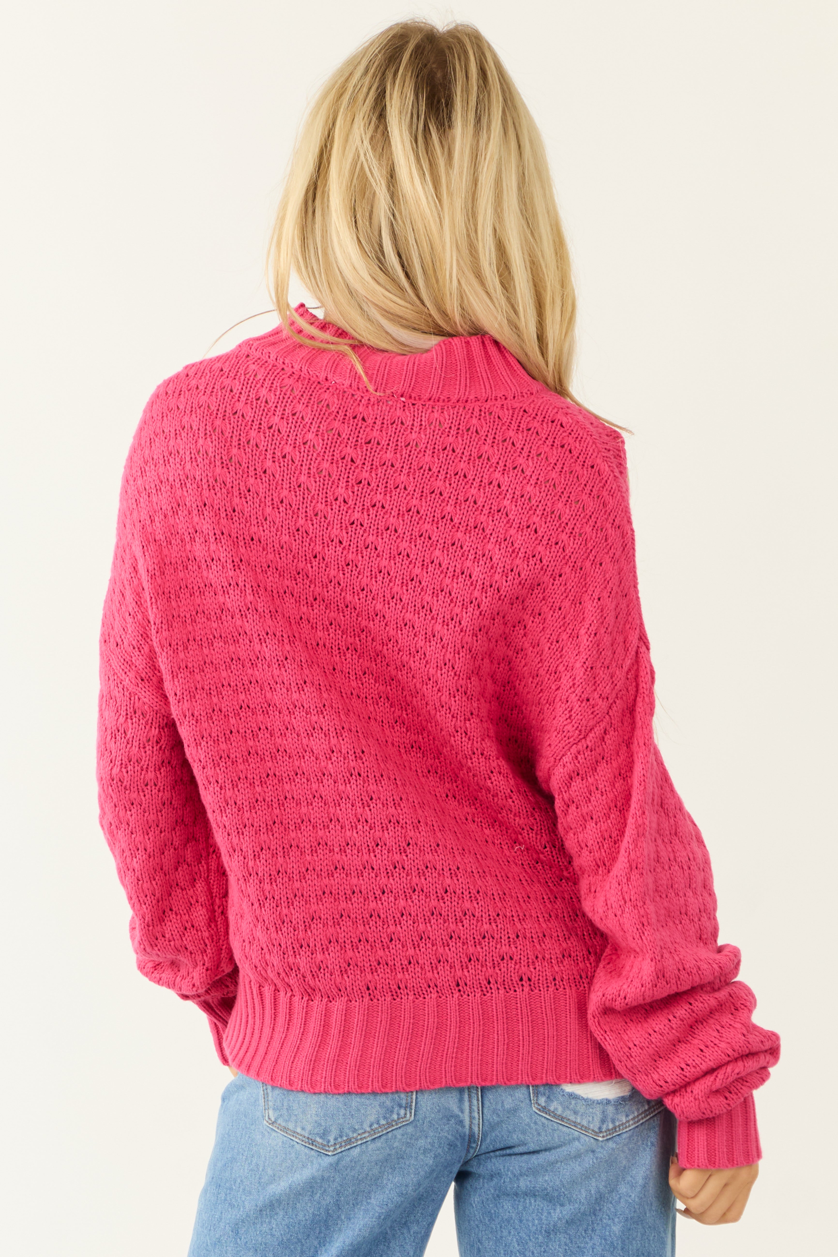 Raspberry Textured Knit High Neck Sweater