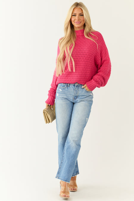 Raspberry Textured Knit High Neck Sweater