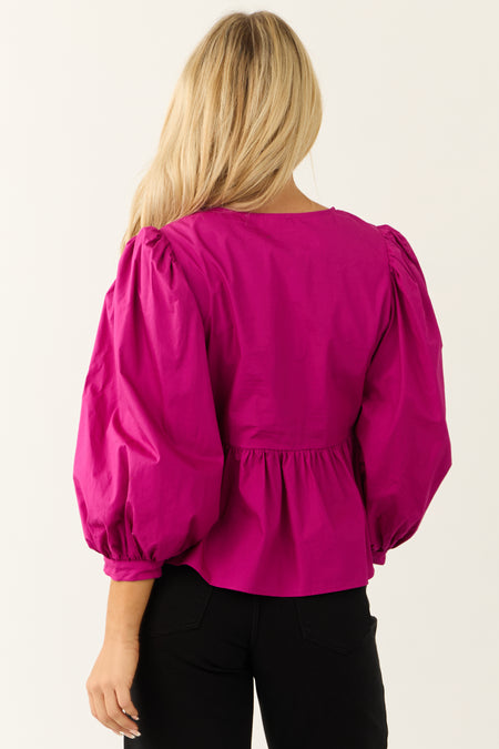 Raspberry Tie Front Peplum Fit 3/4 Sleeve Top