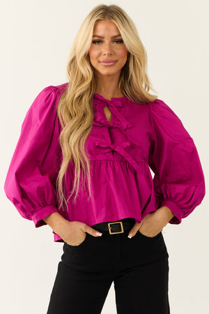 Raspberry Tie Front Peplum Fit 3/4 Sleeve Top