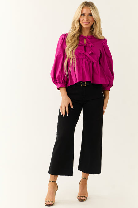 Raspberry Tie Front Peplum Fit 3/4 Sleeve Top