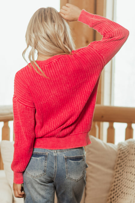 Raspberry Washed Textured Knit Sweater