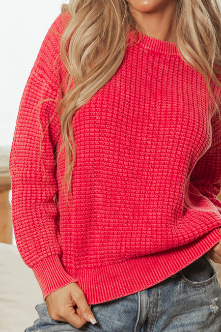 Raspberry Washed Textured Knit Sweater