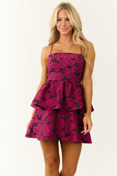 Raspberry and Black Floral Print Mini Dress